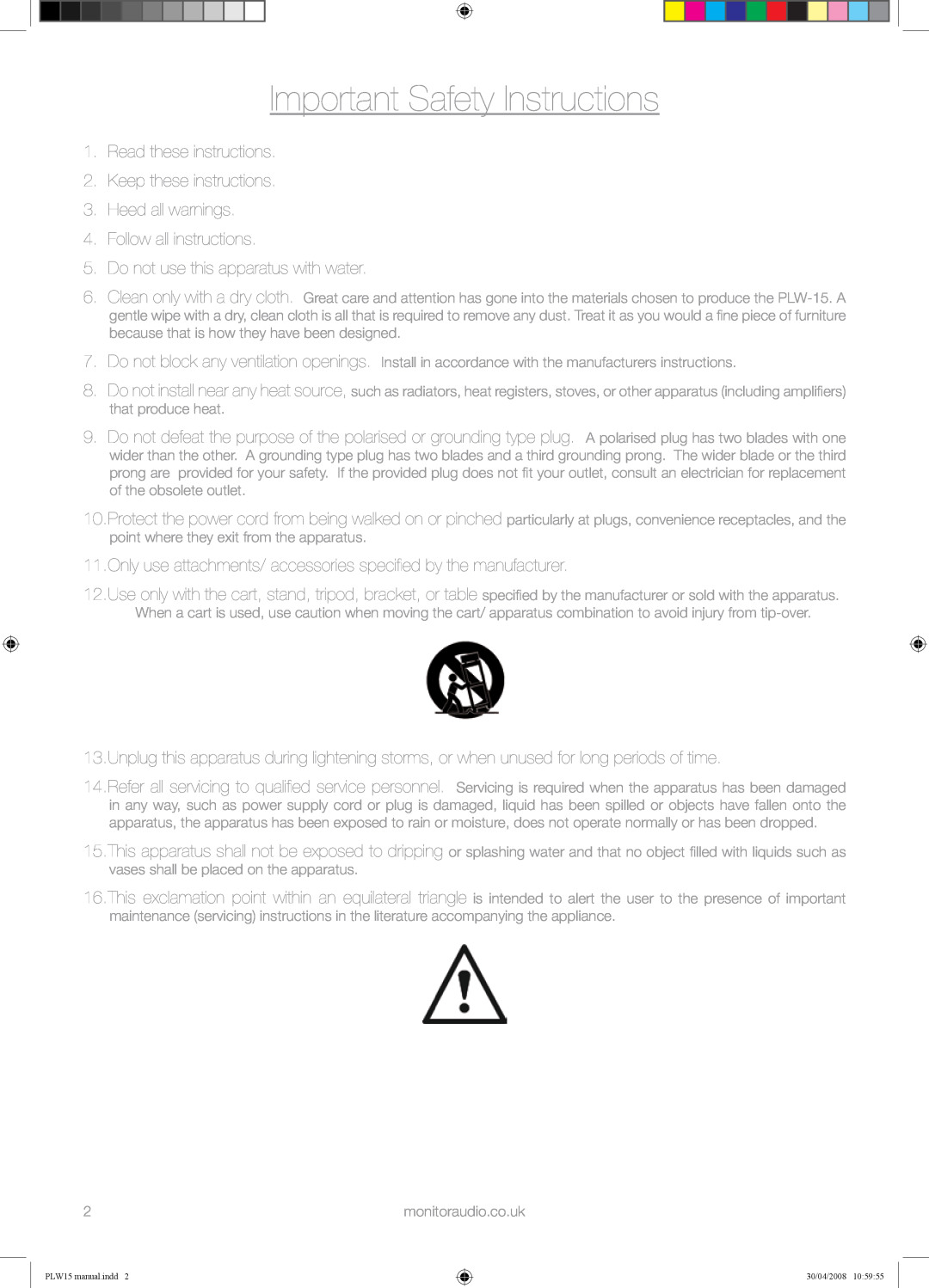 Monitor Audio PLW-15 Important Safety Instructions, Read these instructions, Keep these instructions 3.Heed all warnings 