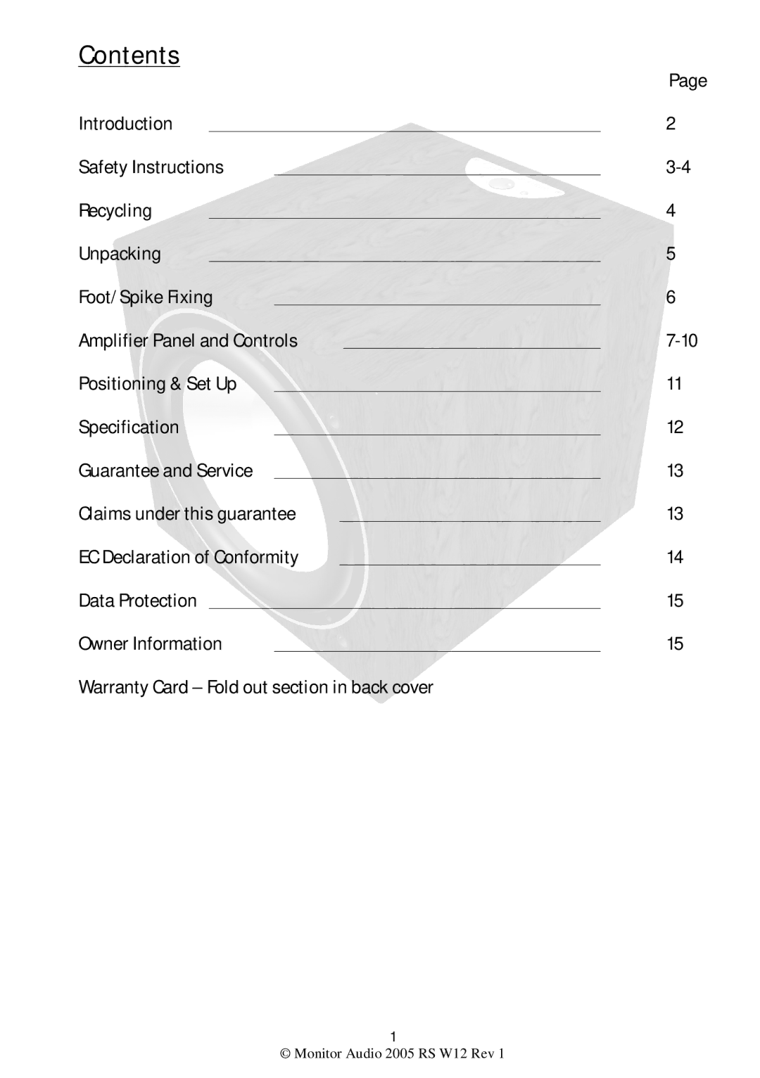 Monitor Audio RS W12 warranty Contents 