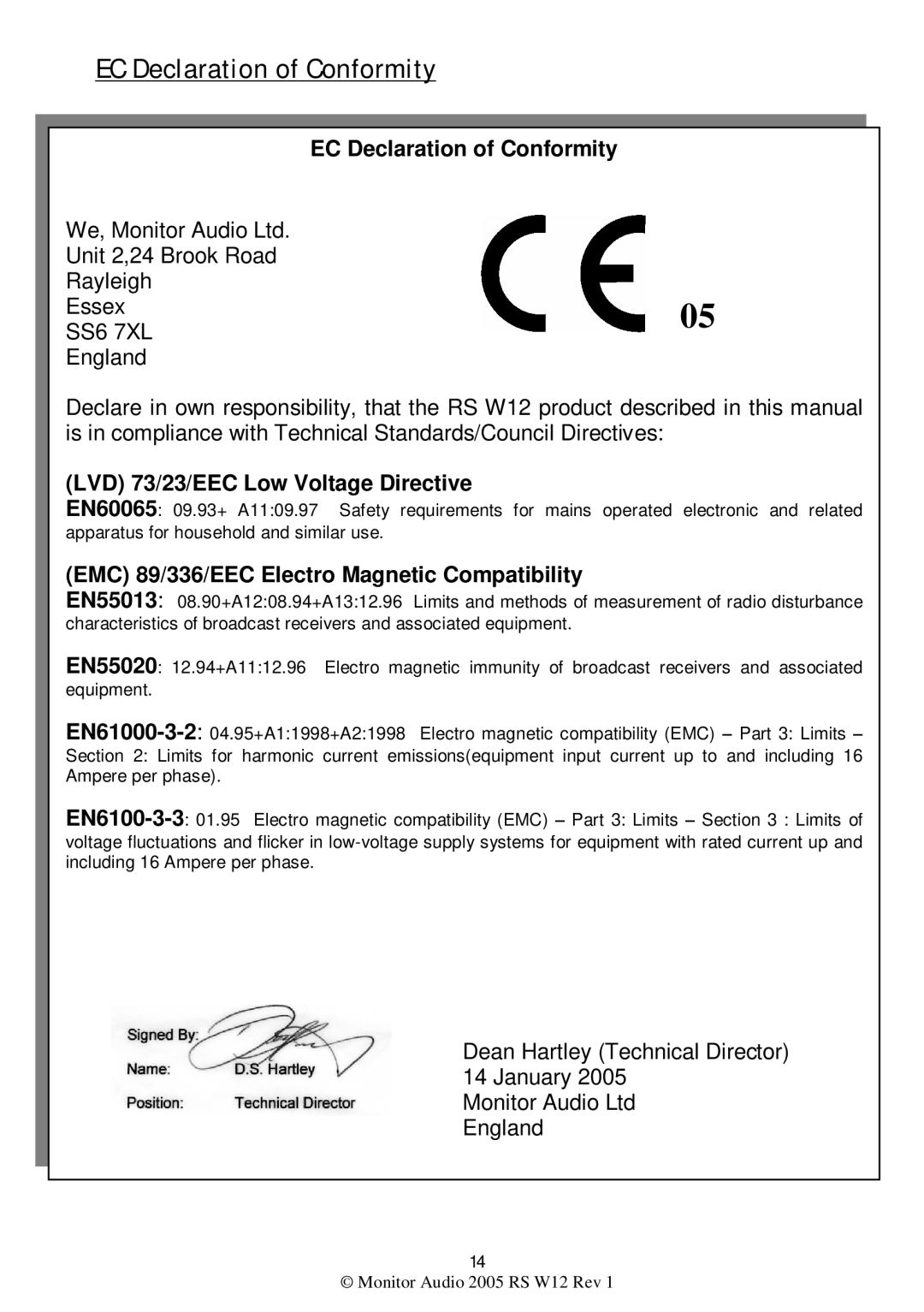 Monitor Audio RS W12 warranty EC Declaration of Conformity, LVD 73/23/EEC Low Voltage Directive 