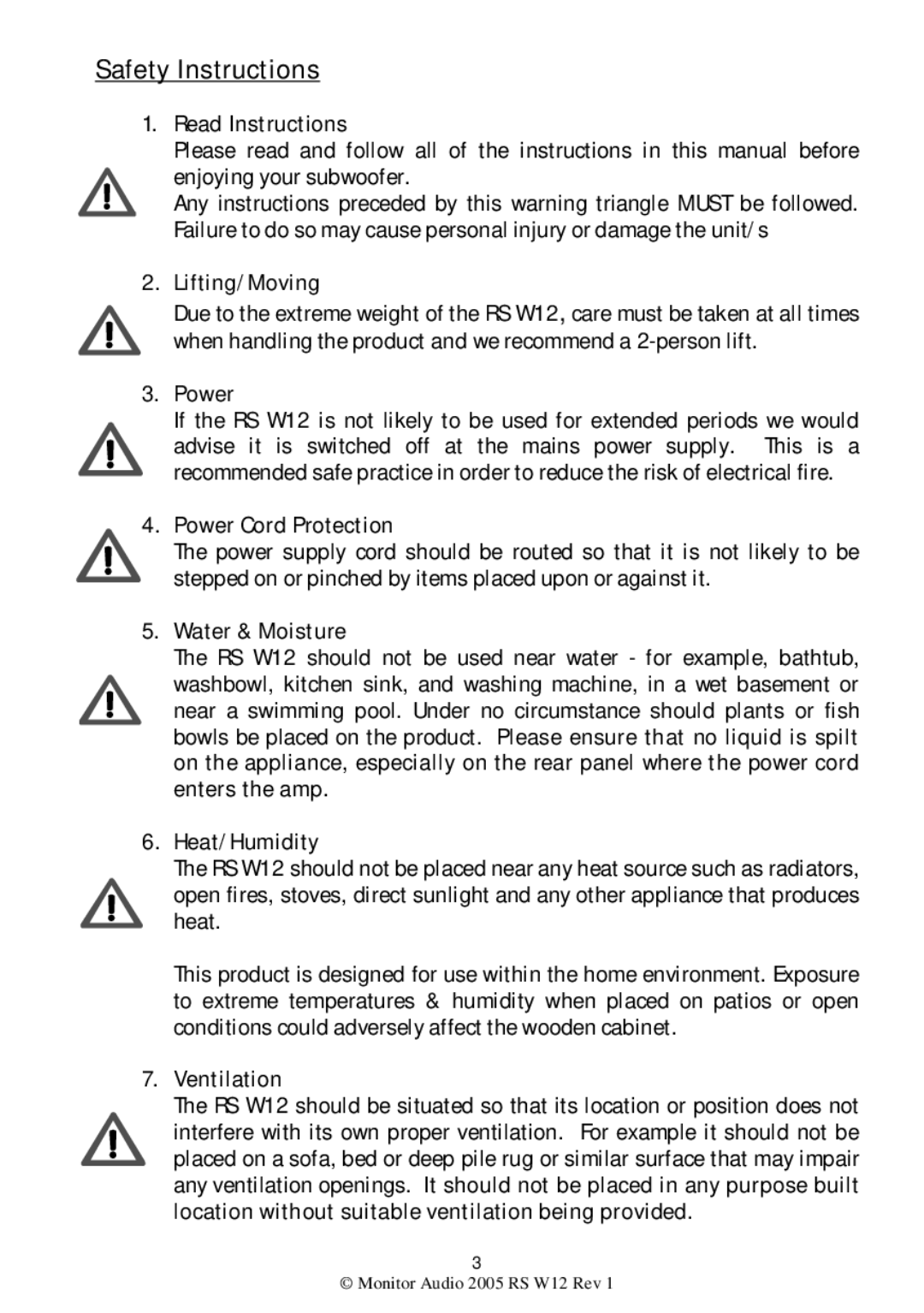 Monitor Audio RS W12 warranty Safety Instructions 