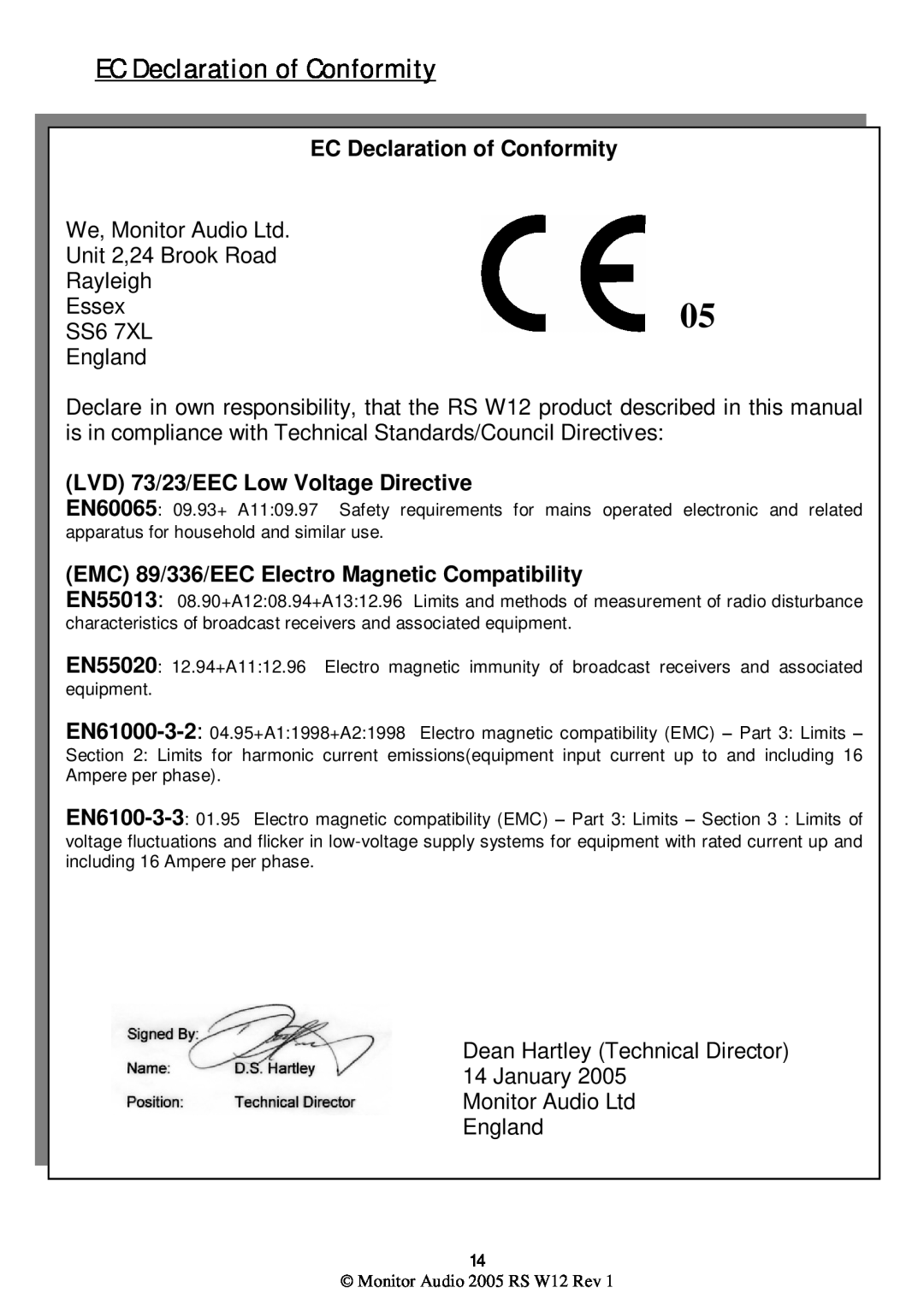 Monitor Audio RS W12 warranty EC Declaration of Conformity, LVD 73/23/EEC Low Voltage Directive 
