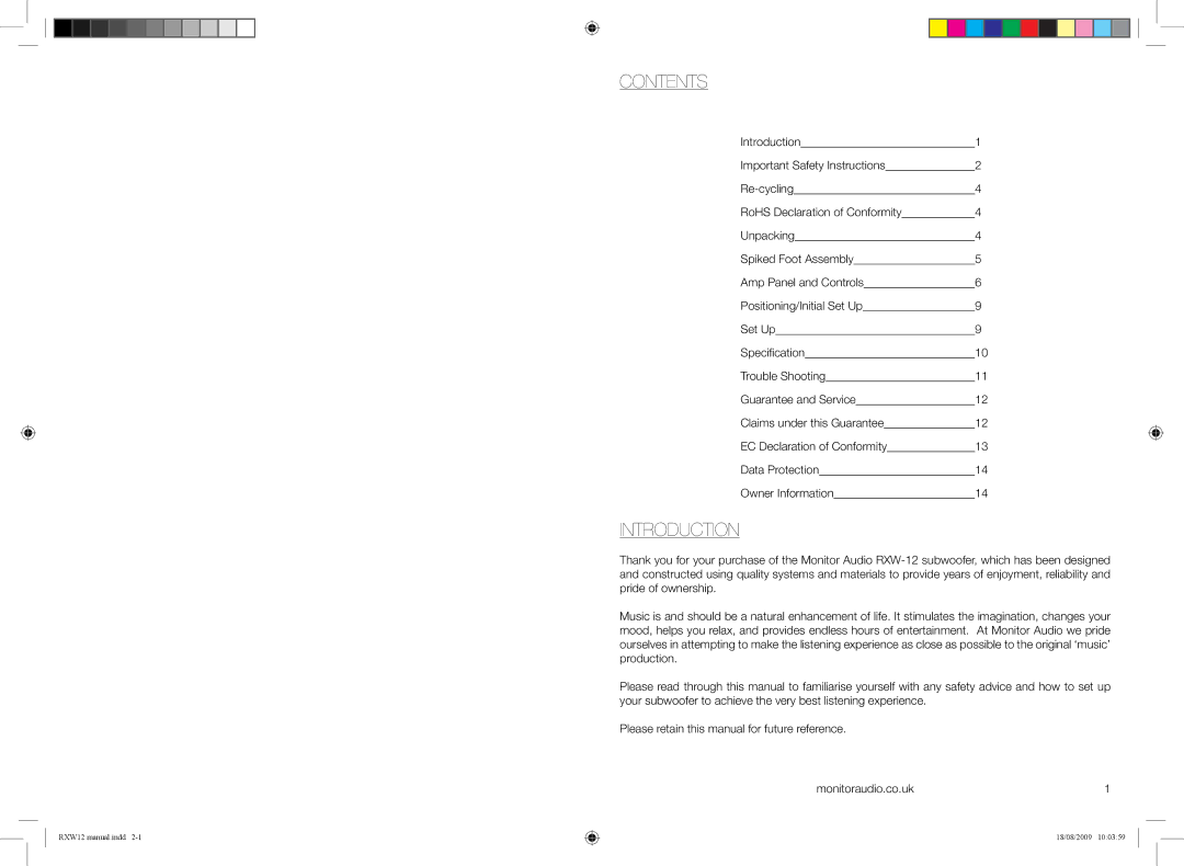 Monitor Audio RXW-12 owner manual Contents, Introduction 