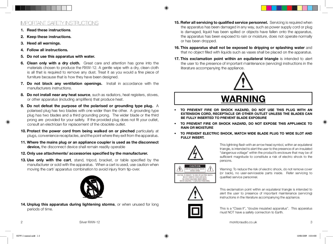 Monitor Audio RXW-12 owner manual Important Safety Instructions 