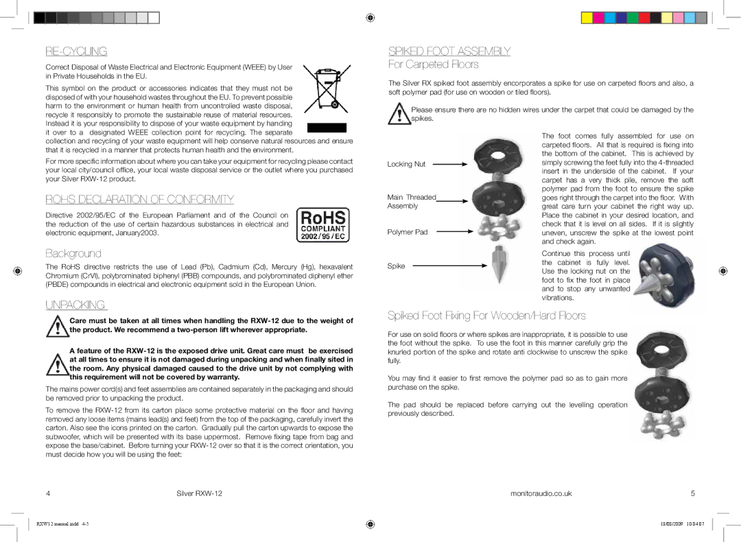 Monitor Audio RXW-12 Re-cycling, Spiked Foot Assembly For Carpeted Floors, RoHS Declaration of Conformity, Background 