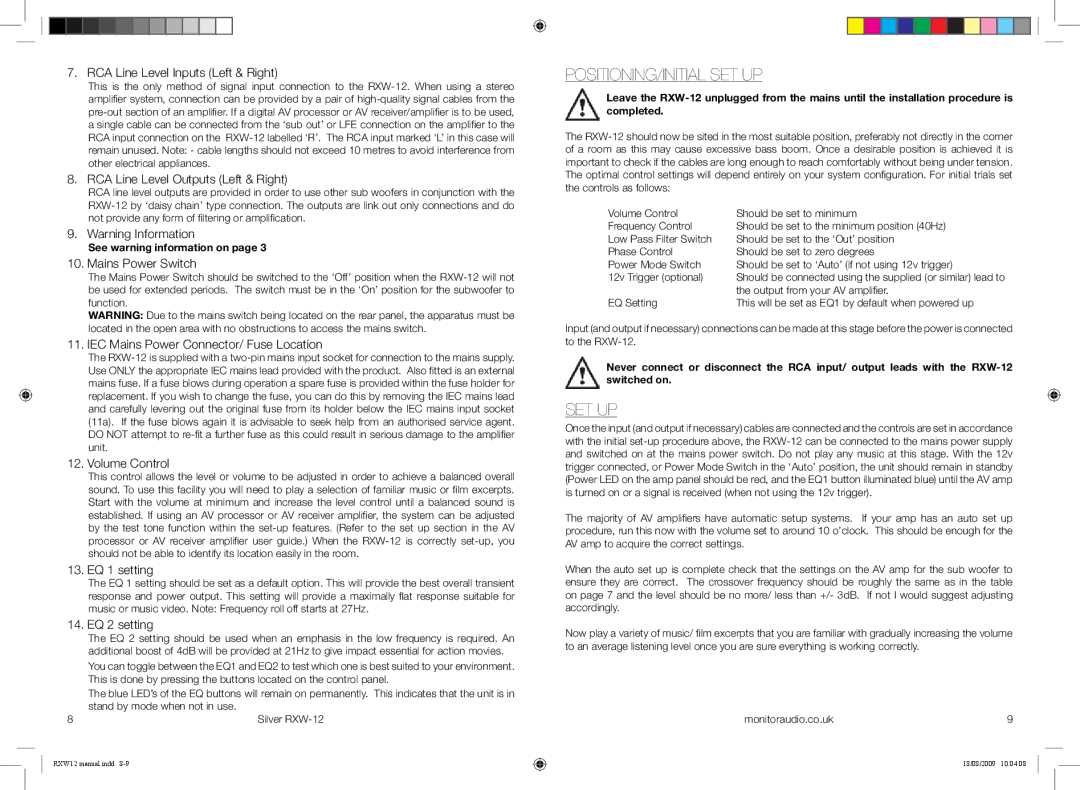 Monitor Audio RXW-12 owner manual Positioning/Initial Set Up 