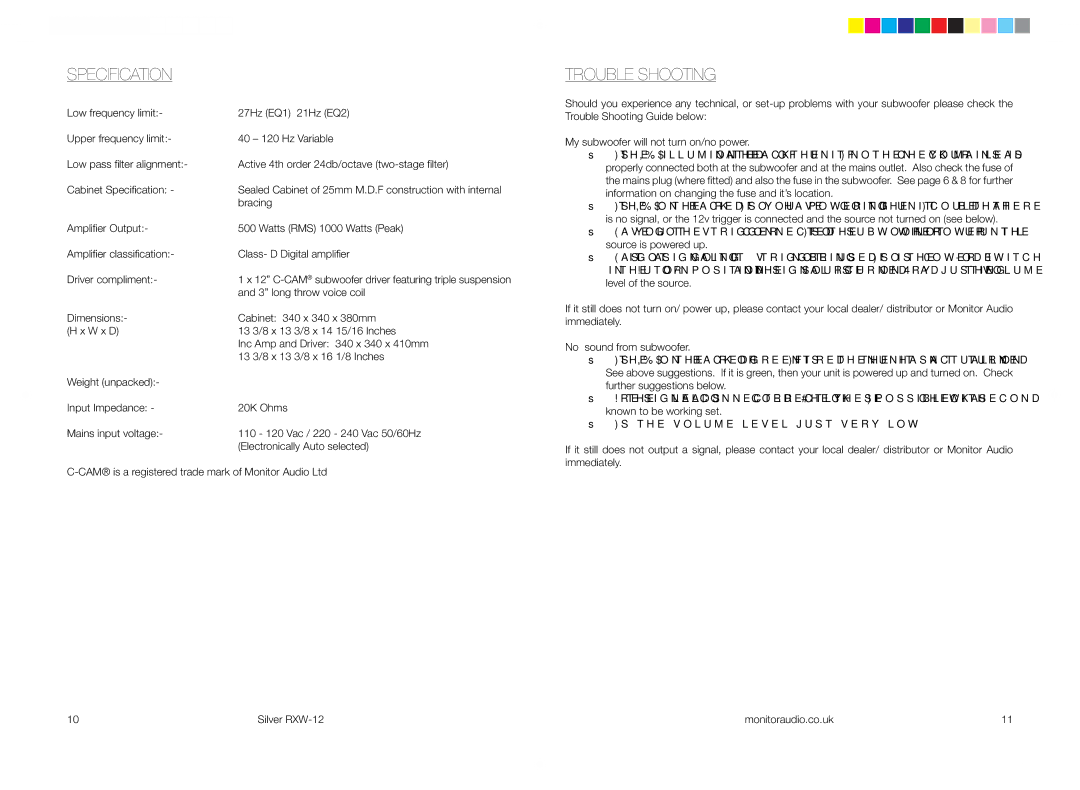 Monitor Audio RXW-12 owner manual Specification, Trouble Shooting 