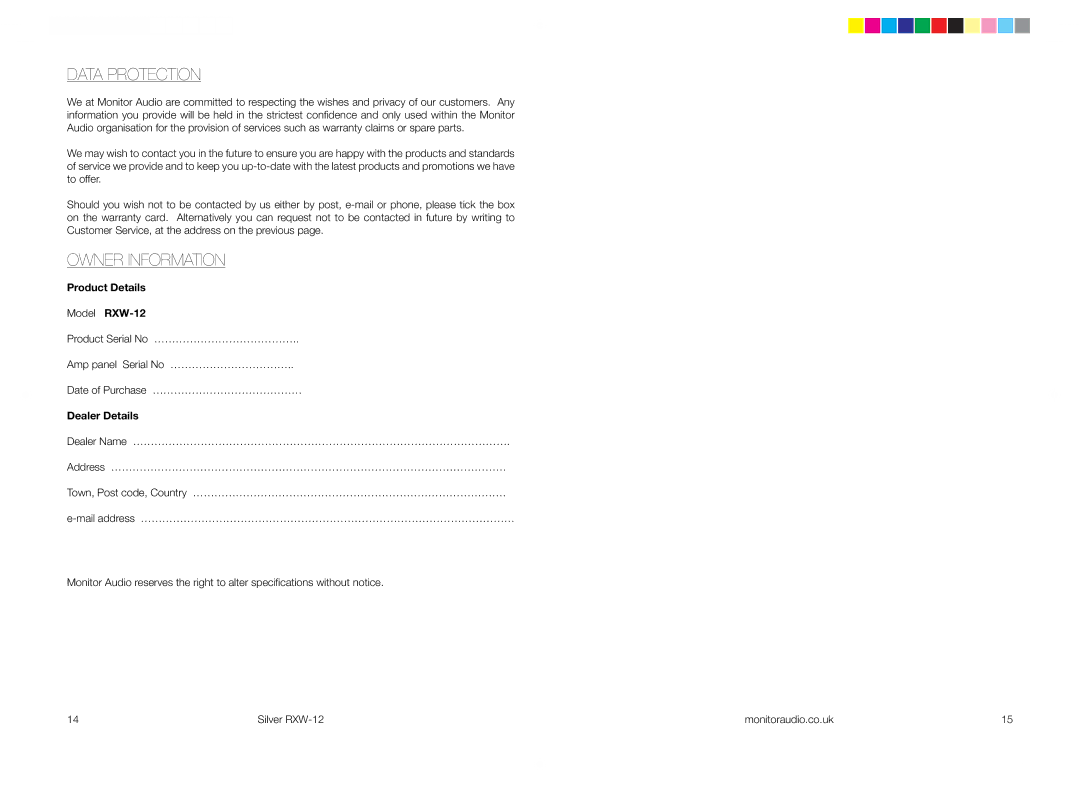 Monitor Audio RXW-12 owner manual Data Protection, Owner Information 