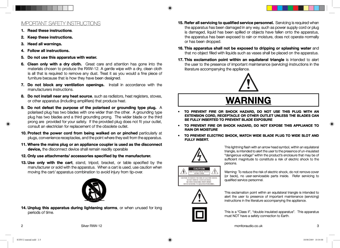 Monitor Audio RXW-12 owner manual Important Safety Instructions 