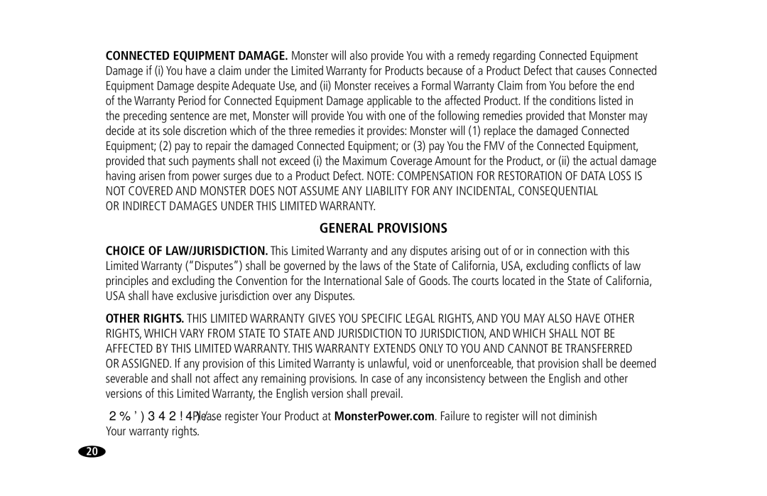 Monster Cable 15 Amp, 20 Amp owner manual General Provisions 