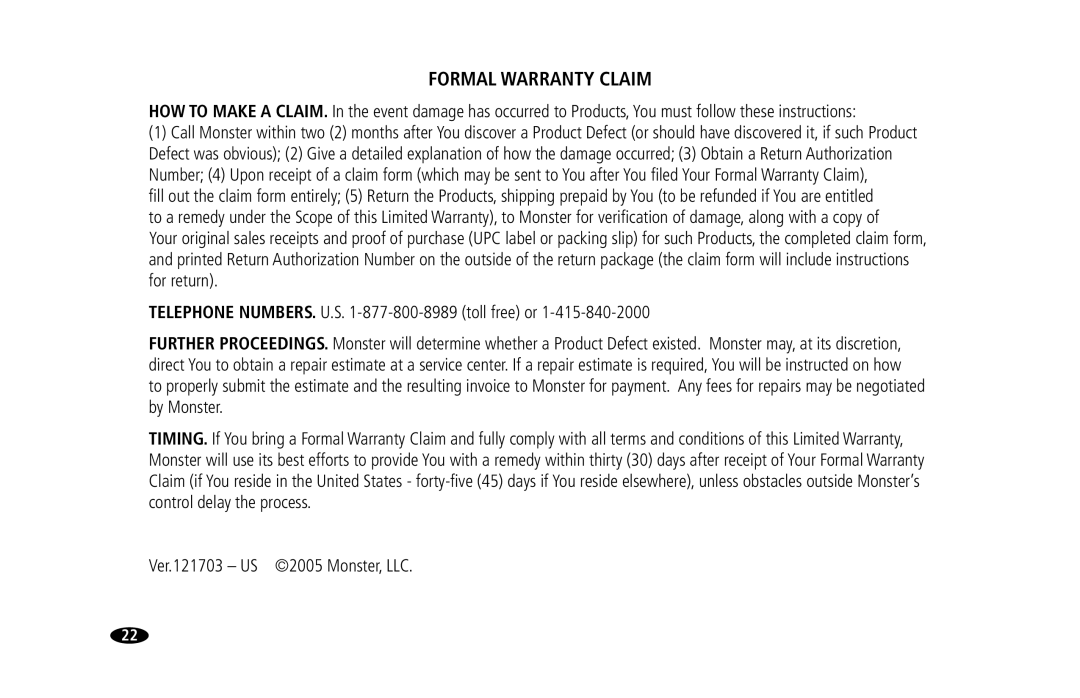 Monster Cable 15 Amp, 20 Amp owner manual Formal Warranty Claim 