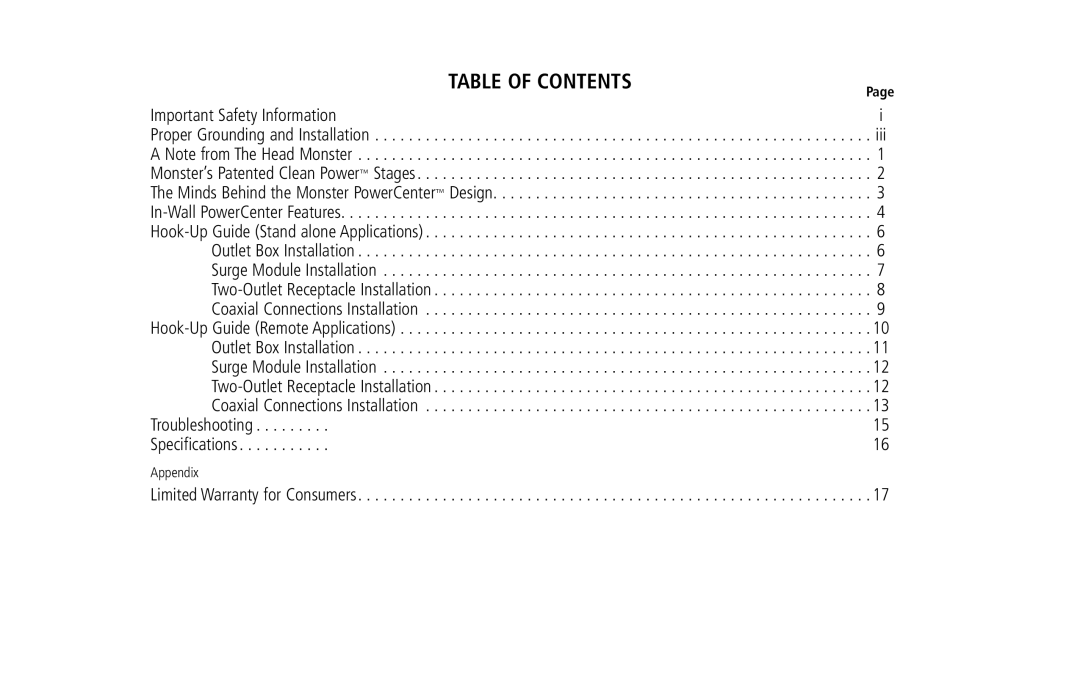 Monster Cable 20 Amp, 15 Amp owner manual Table of Contents 