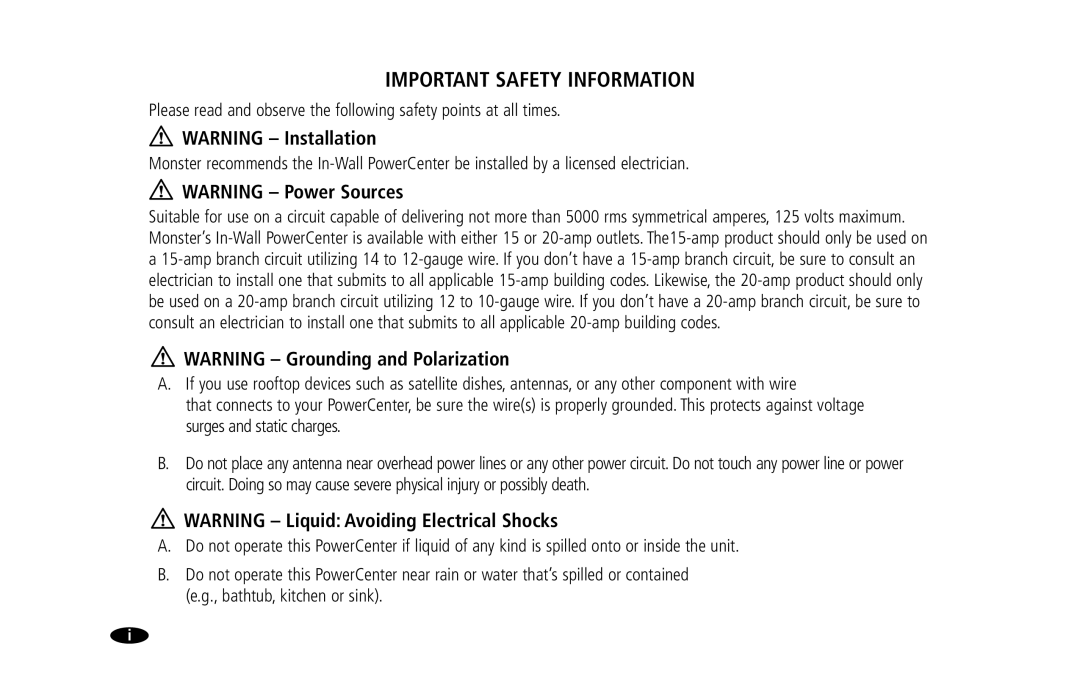 Monster Cable 15 Amp, 20 Amp owner manual Important Safety Information 