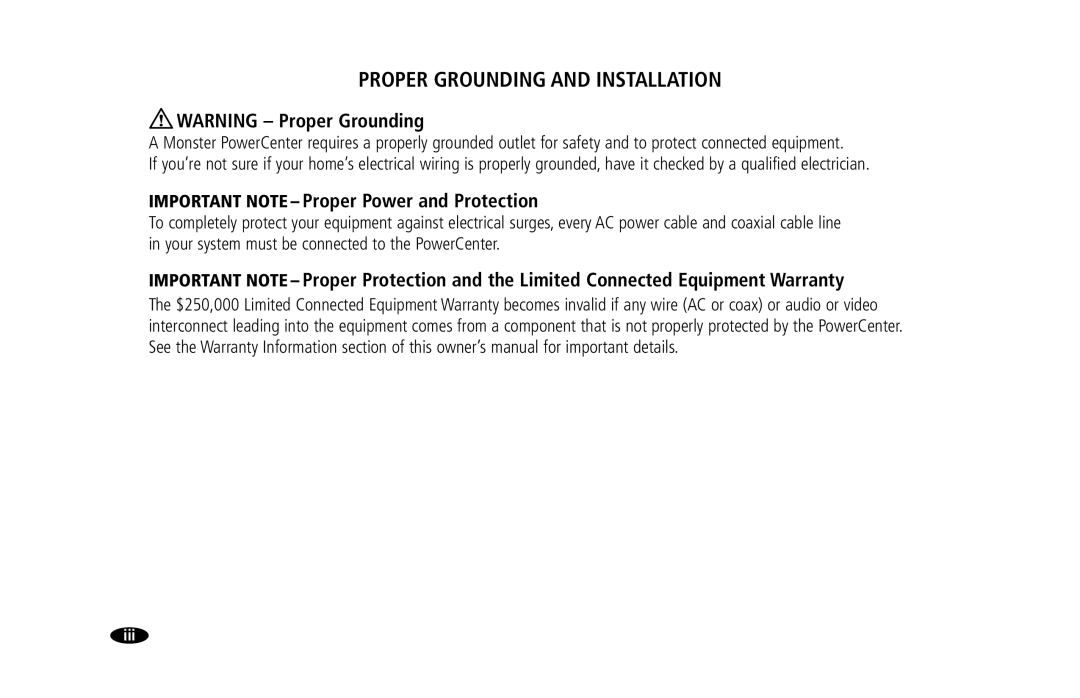 Monster Cable 15 Amp, 20 Amp owner manual Proper Grounding and Installation, Important Note Proper Power and Protection 