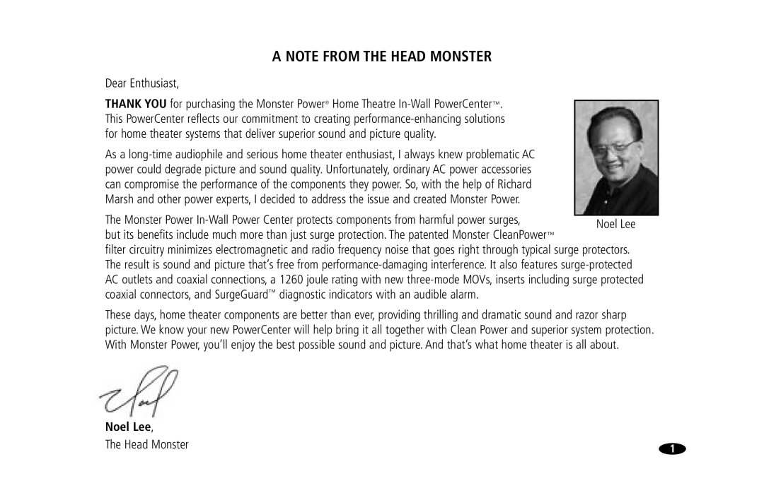 Monster Cable 20 Amp, 15 Amp owner manual Noel Lee 