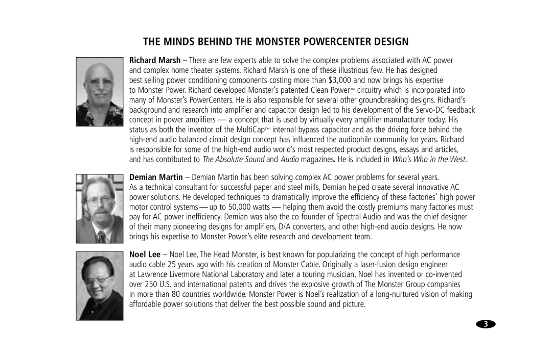 Monster Cable 20 Amp, 15 Amp owner manual Minds Behind the Monster Powercenter Design 