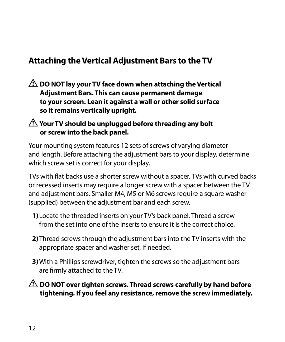 Monster Cable 200M warranty Attaching the Vertical Adjustment Bars to the TV 