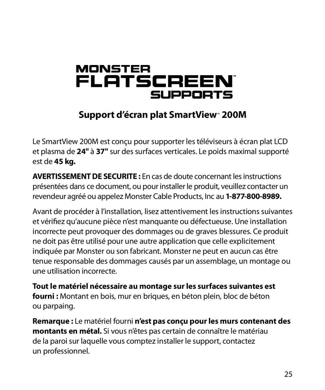 Monster Cable warranty Support d’écran plat SmartView 200M 