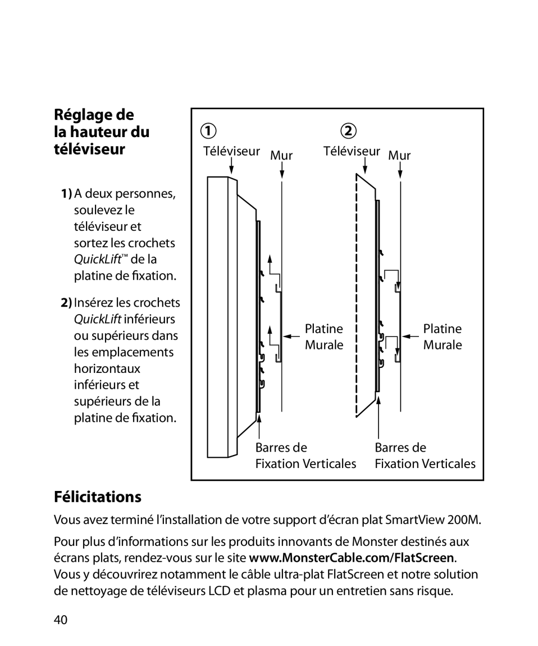 Monster Cable 200M warranty Félicitations, Réglage de la hauteur du téléviseur 
