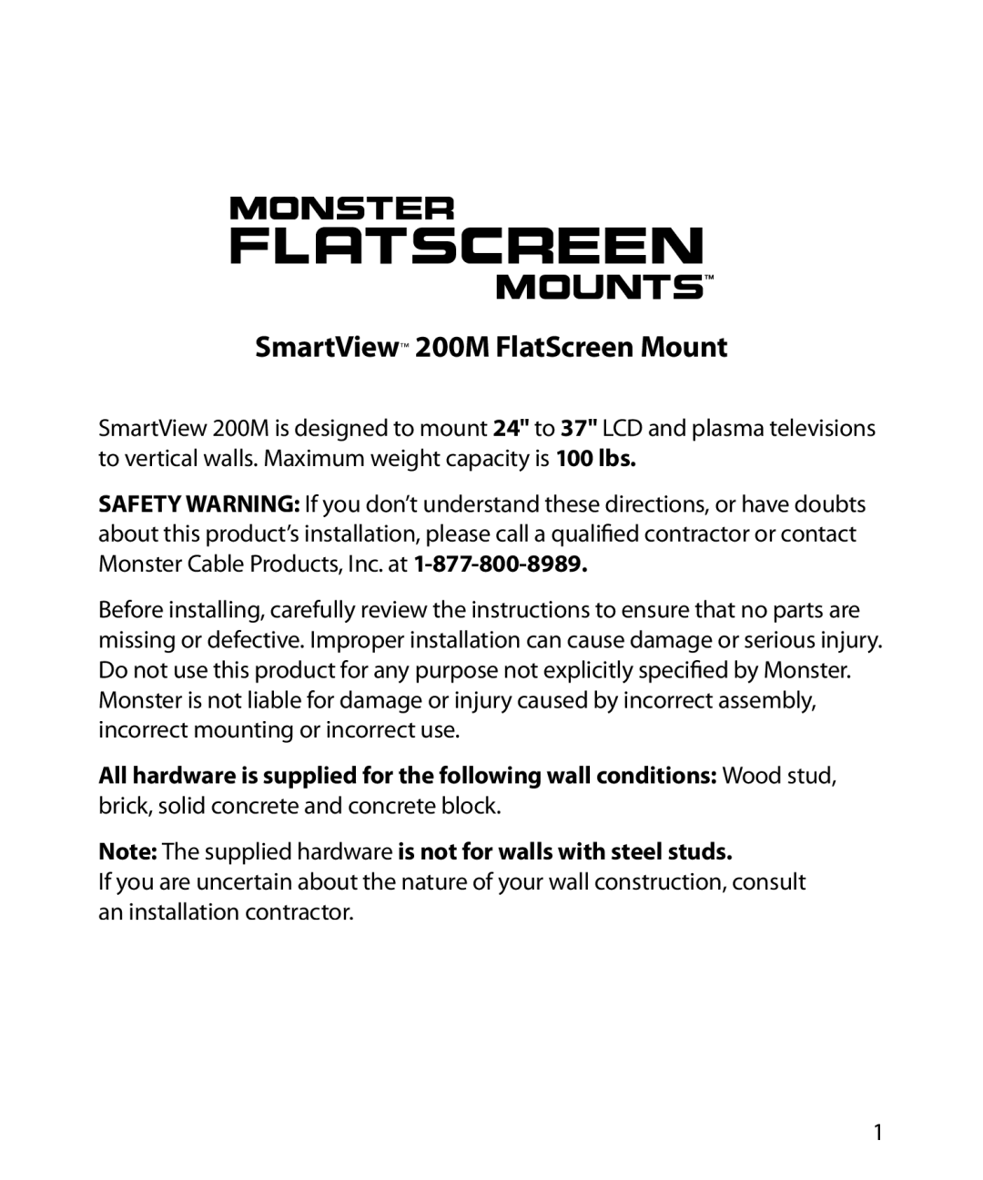 Monster Cable warranty SmartView 200M FlatScreen Mount 