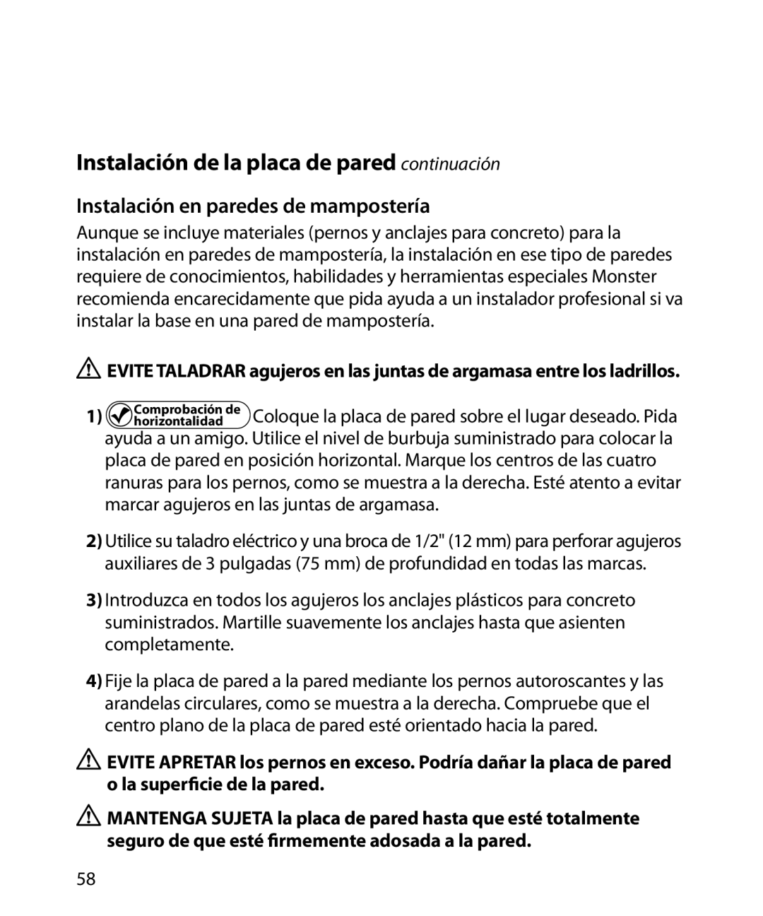 Monster Cable 200M warranty Instalación de la placa de pared continuación, Instalación en paredes de mampostería 