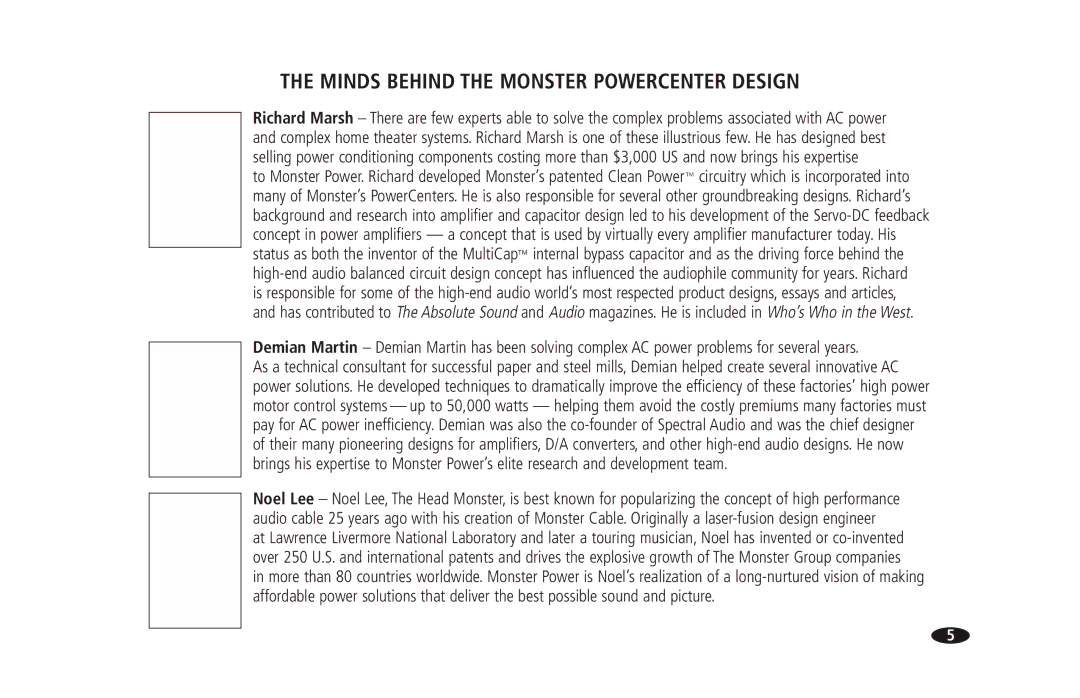 Monster Cable 2600 MKII owner manual Minds Behind the Monster Powercenter Design 