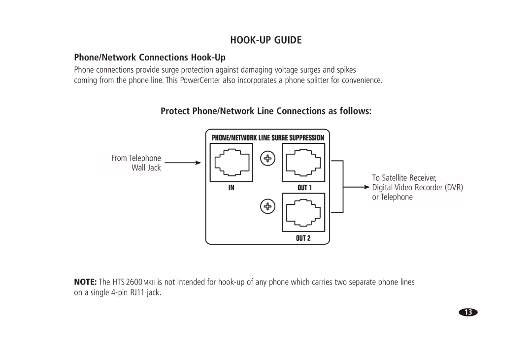 Monster Cable 2600 MKII owner manual Phone/Network Connections Hook-Up, Protect Phone/Network Line Connections as follows 