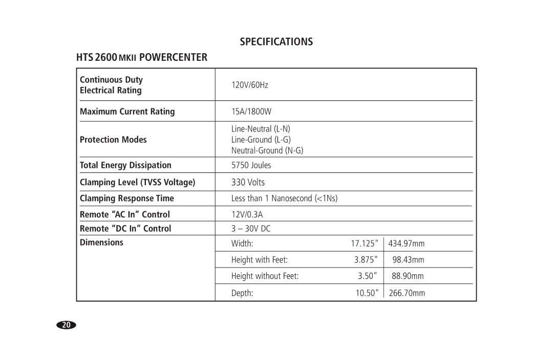 Monster Cable 2600 MKII owner manual Specifications 