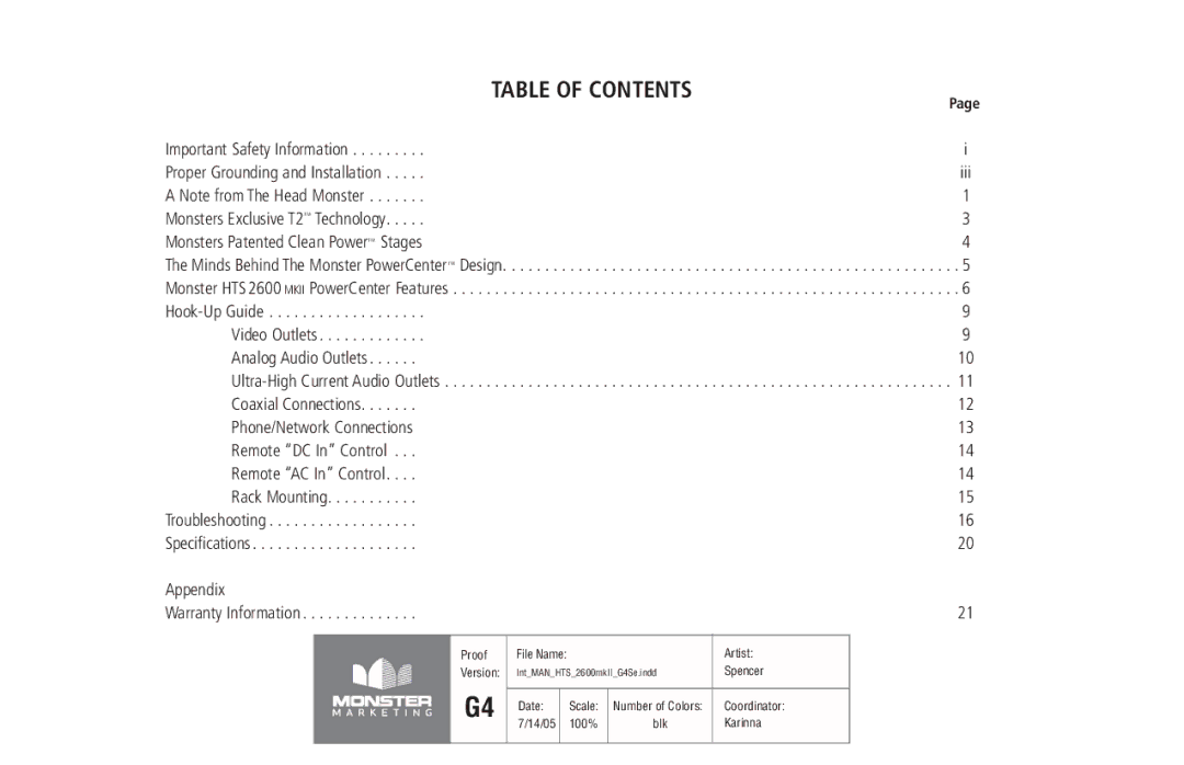 Monster Cable 2600 MKII owner manual Table of Contents 