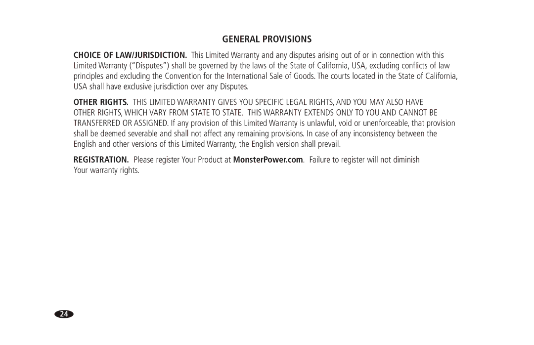 Monster Cable 2600 MKII owner manual General Provisions 