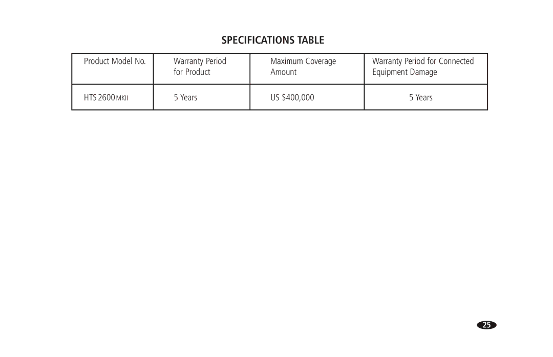 Monster Cable 2600 MKII owner manual Specifications Table 