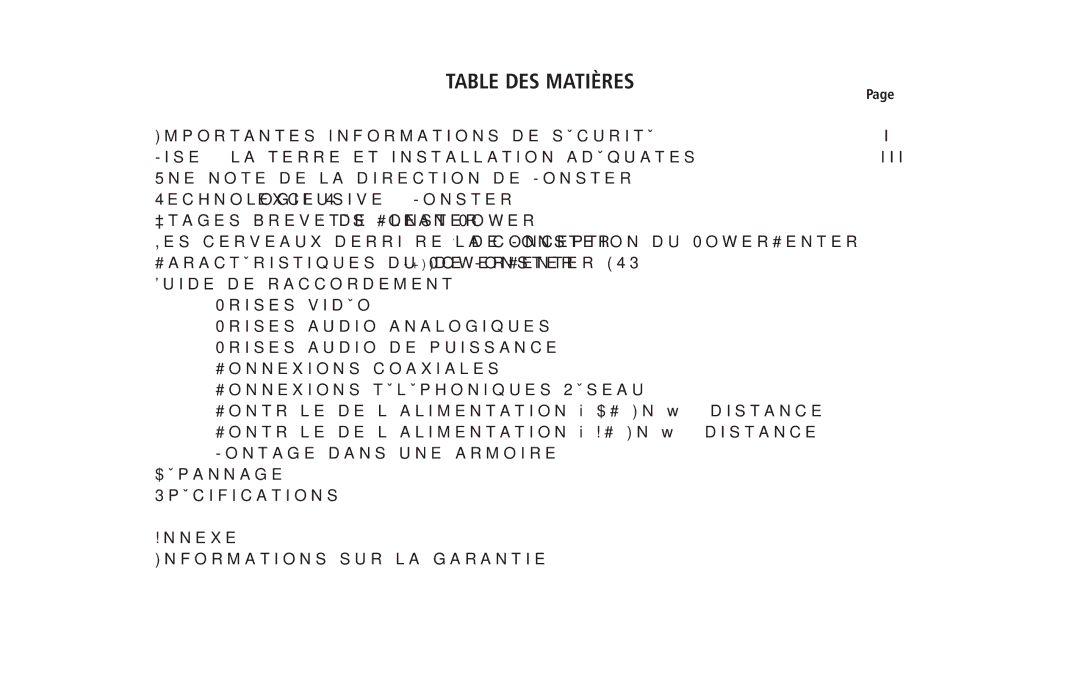 Monster Cable 2600 MKII owner manual Table DES Matières 