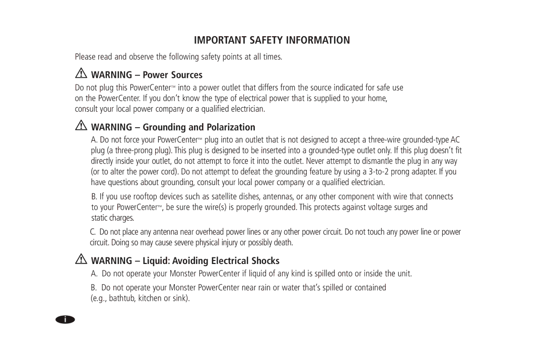 Monster Cable 2600 MKII owner manual Important Safety Information 