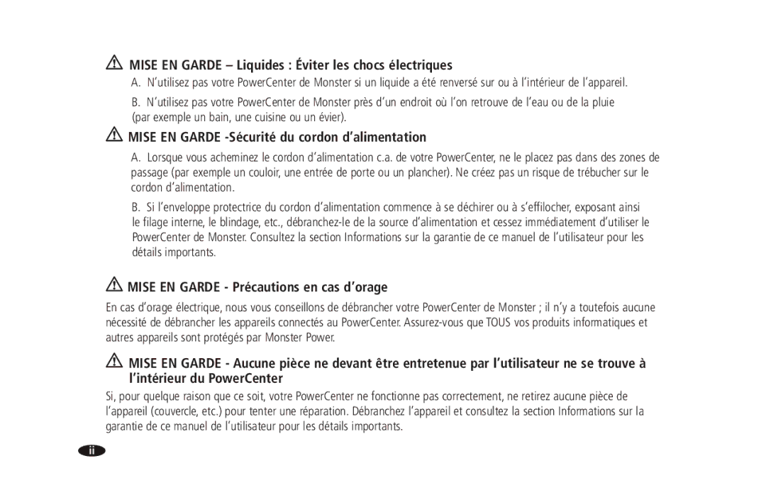 Monster Cable 2600 MKII Mise EN Garde Liquides Éviter les chocs électriques, Mise EN Garde Précautions en cas d’orage 