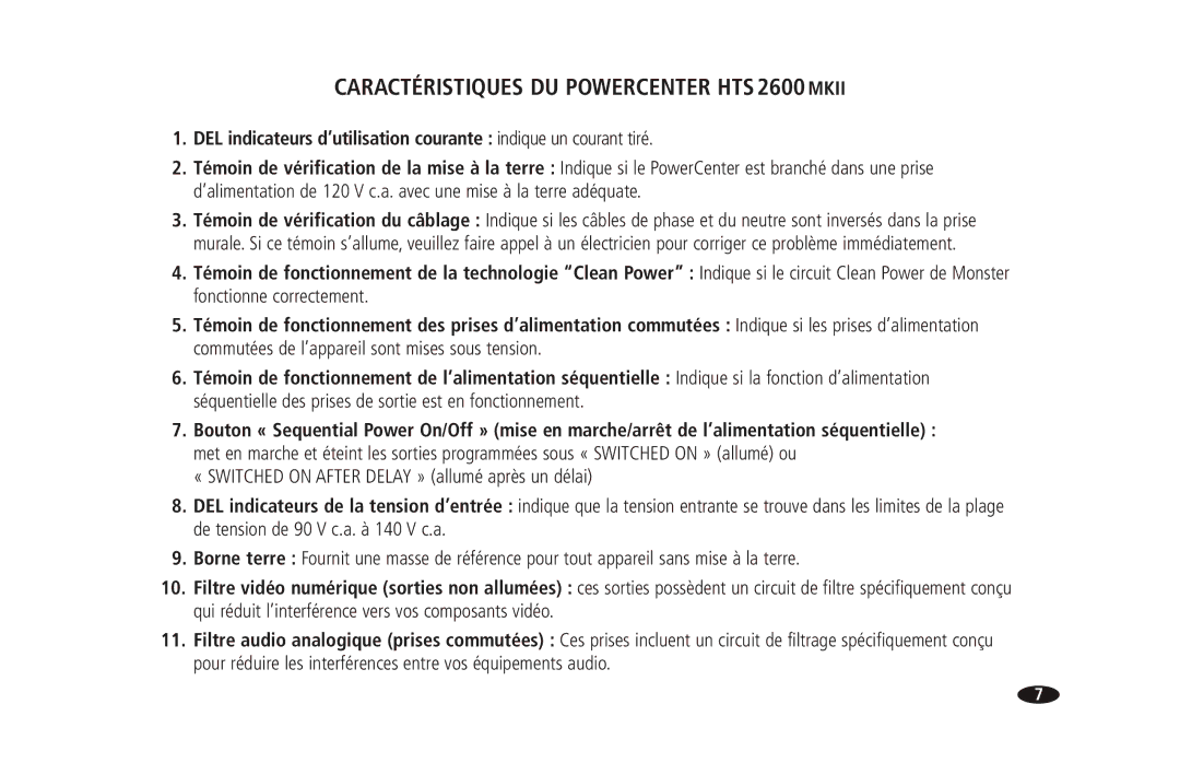 Monster Cable 2600 MKII owner manual Caractéristiques DU Powercenter HTS 2600 Mkii 