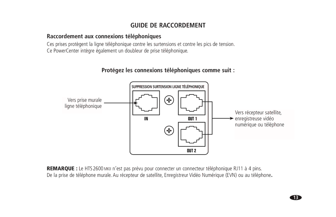 Monster Cable 2600 MKII Raccordement aux connexions téléphoniques, Protégez les connexions téléphoniques comme suit 