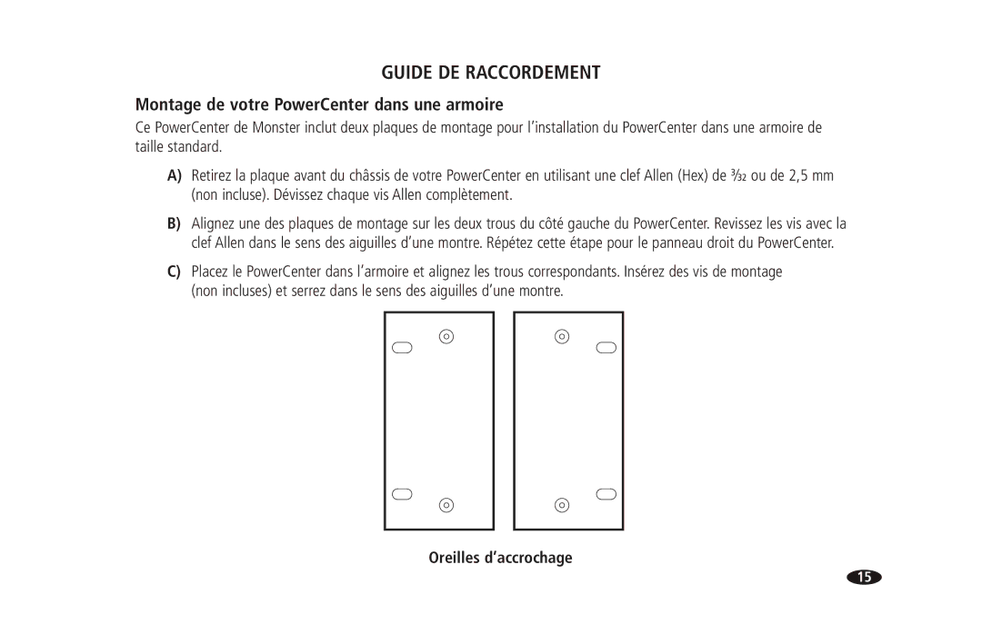 Monster Cable 2600 MKII owner manual Montage de votre PowerCenter dans une armoire, Oreilles d’accrochage 