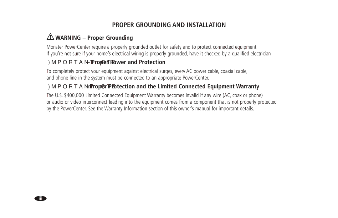 Monster Cable 2600 MKII owner manual Proper Grounding and Installation, Important Note Proper Power and Protection 