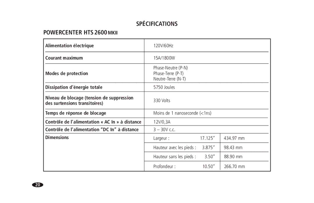 Monster Cable 2600 MKII owner manual Spécifications Powercenter HTS 2600 Mkii 