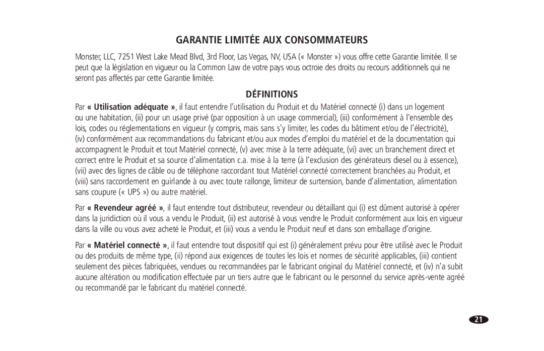 Monster Cable 2600 MKII owner manual Garantie Limitée AUX Consommateurs, Définitions 