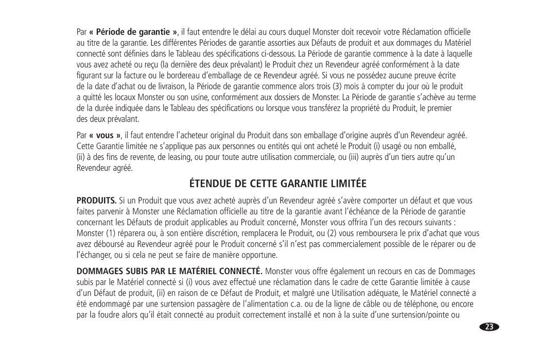 Monster Cable 2600 MKII owner manual Étendue DE Cette Garantie Limitée, Des deux prévalant 