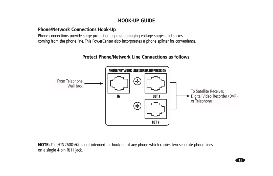 Monster Cable 2600 MKII Phone/Network Connections Hook-Up, Protect Phone/Network Line Connections as follows, Hook-Upguide 