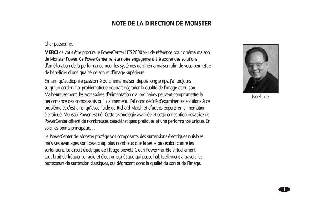 Monster Cable 2600 MKII owner manual Note De La Direction De Monster, Cher passionné 