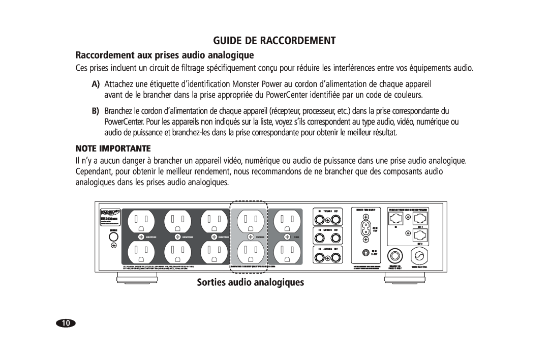 Monster Cable 2600 MKII Raccordement aux prises audio analogique, Sorties audio analogiques, Guide De Raccordement 