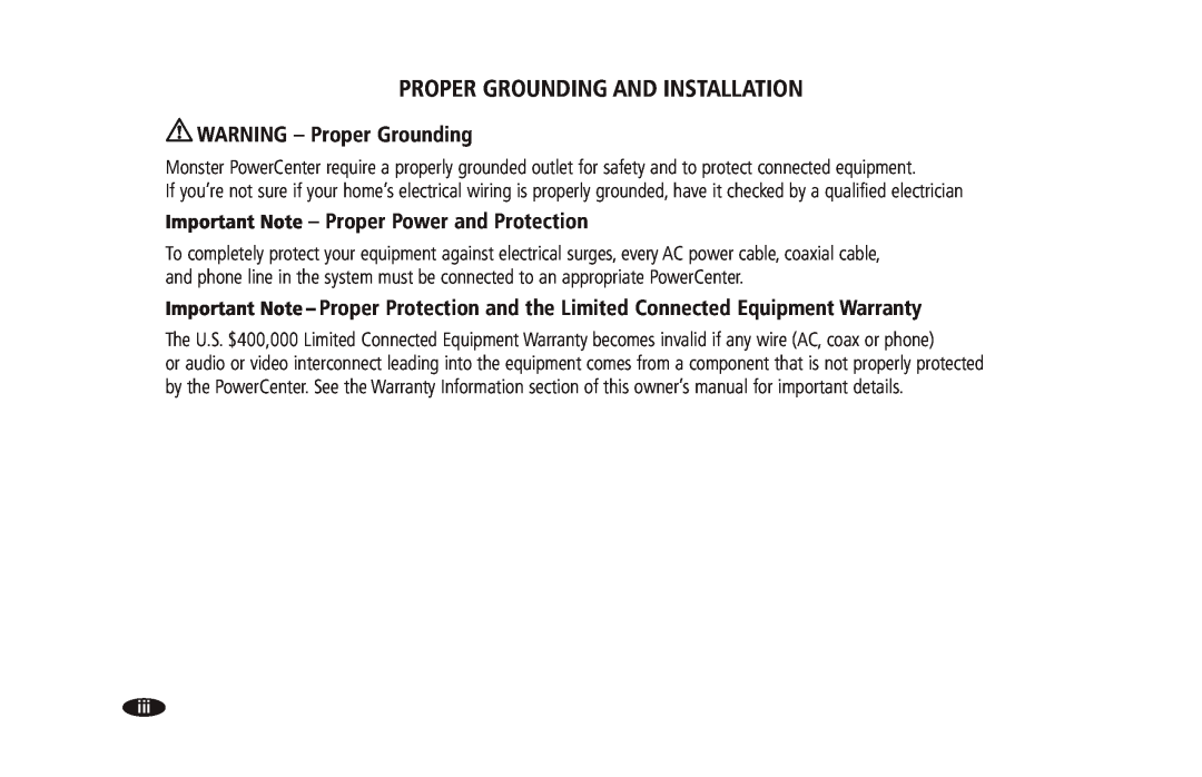 Monster Cable 2600 MKII owner manual Proper Grounding And Installation, WARNING - Proper Grounding 