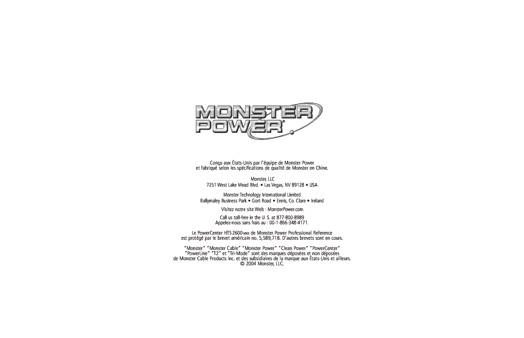 Monster Cable 2600 MKII owner manual Conçu aux États-Unispar l’équipe de Monster Power 