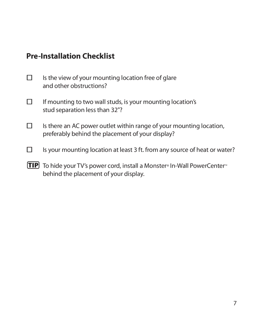 Monster Cable 300L warranty Pre-Installation Checklist 