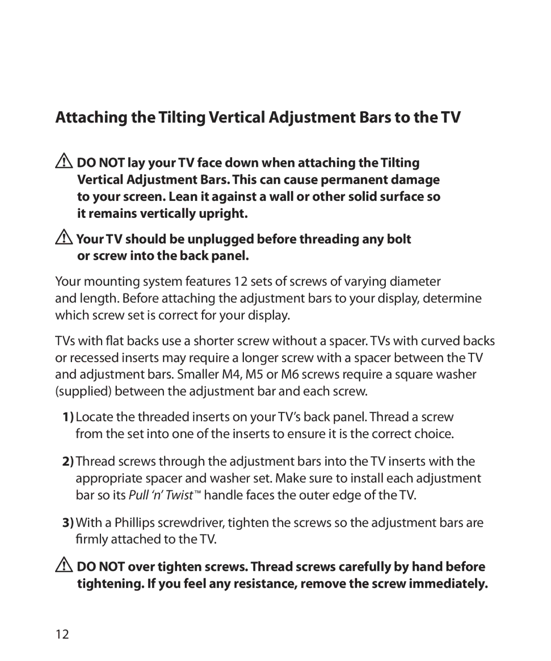 Monster Cable 300L warranty Attaching the Tilting Vertical Adjustment Bars to the TV 