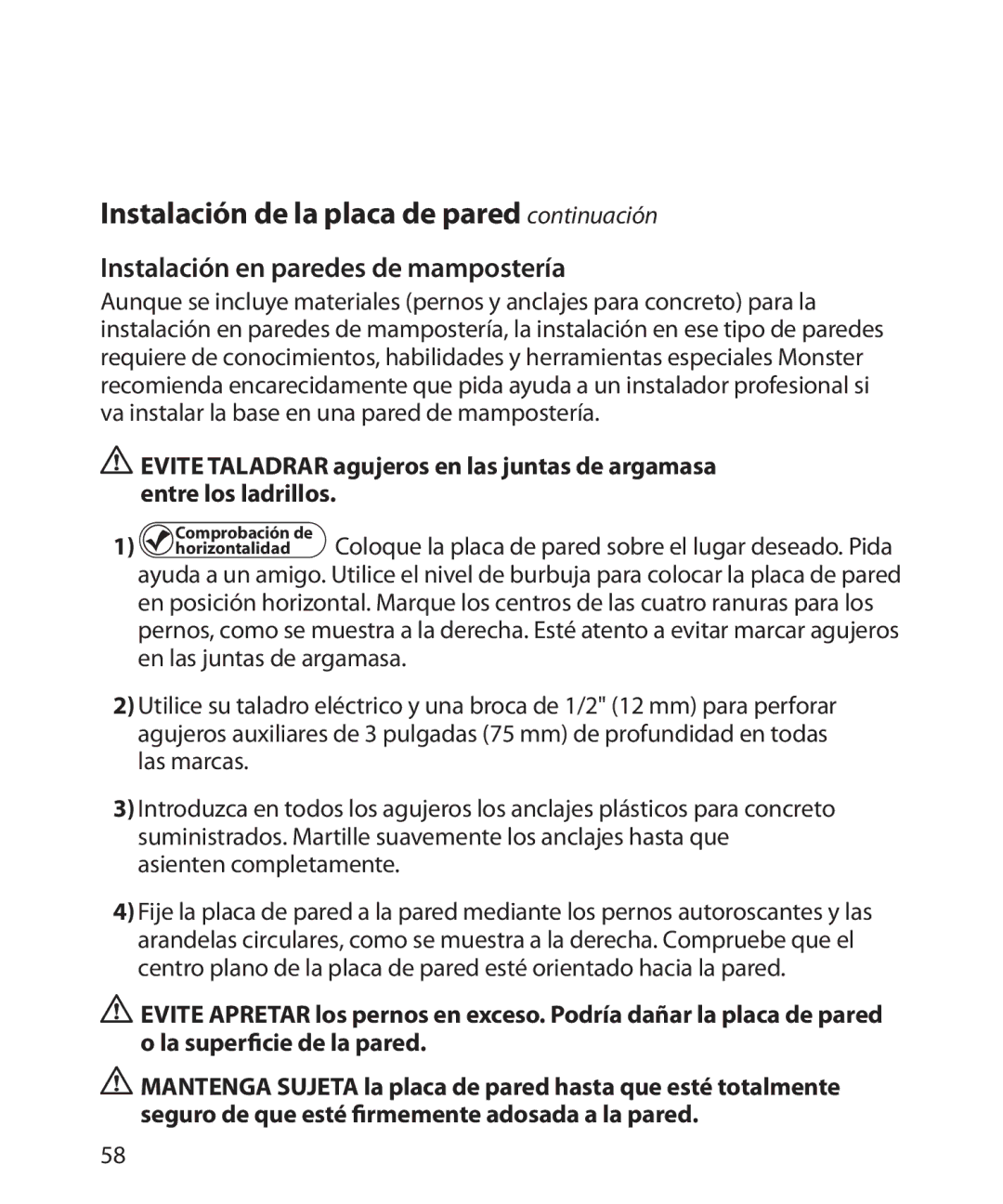 Monster Cable 300L warranty Instalación de la placa de pared continuación, Instalación en paredes de mampostería 