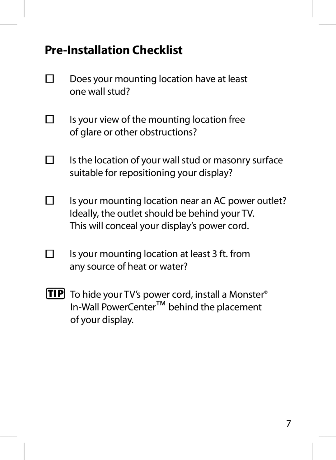 Monster Cable 300S warranty Pre-Installation Checklist 