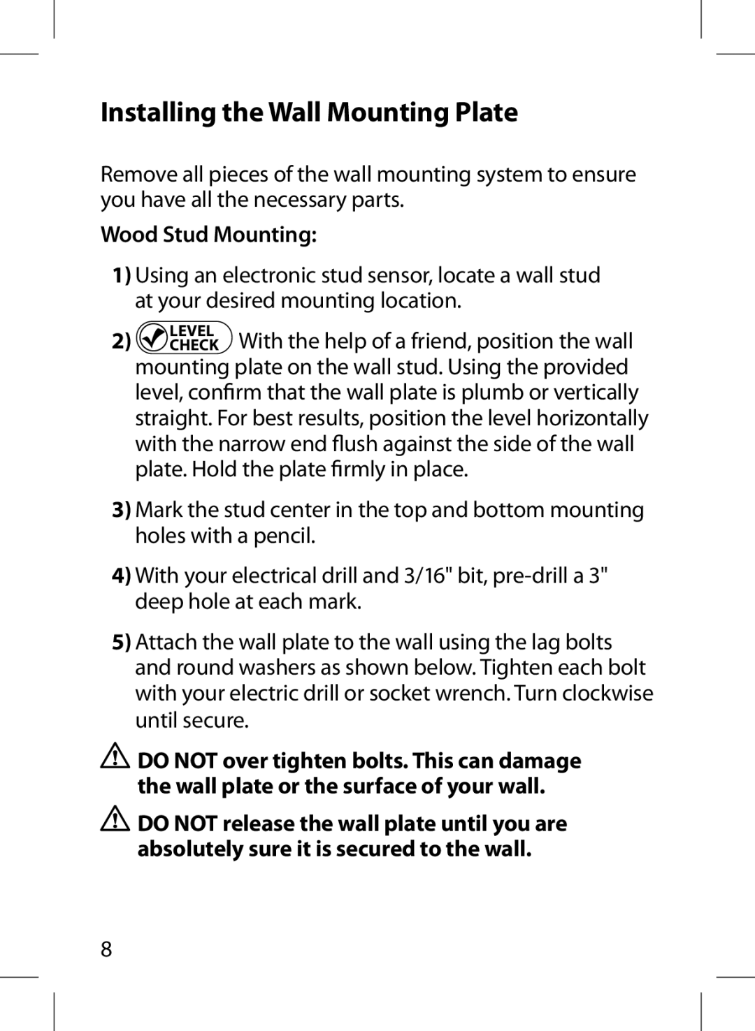 Monster Cable 300S warranty Installing the Wall Mounting Plate, Wood Stud Mounting 